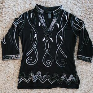 ONCE AGAIN Black Tunic Top With Metallic Soutache Detail, Size M 3/4 Sleeve